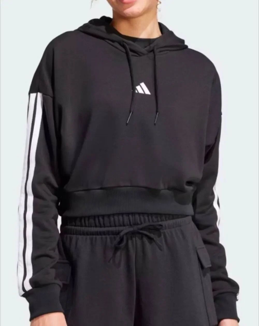 Adidas Black & white trefoil striped cropped hoodie sweatshirt top womens XS
